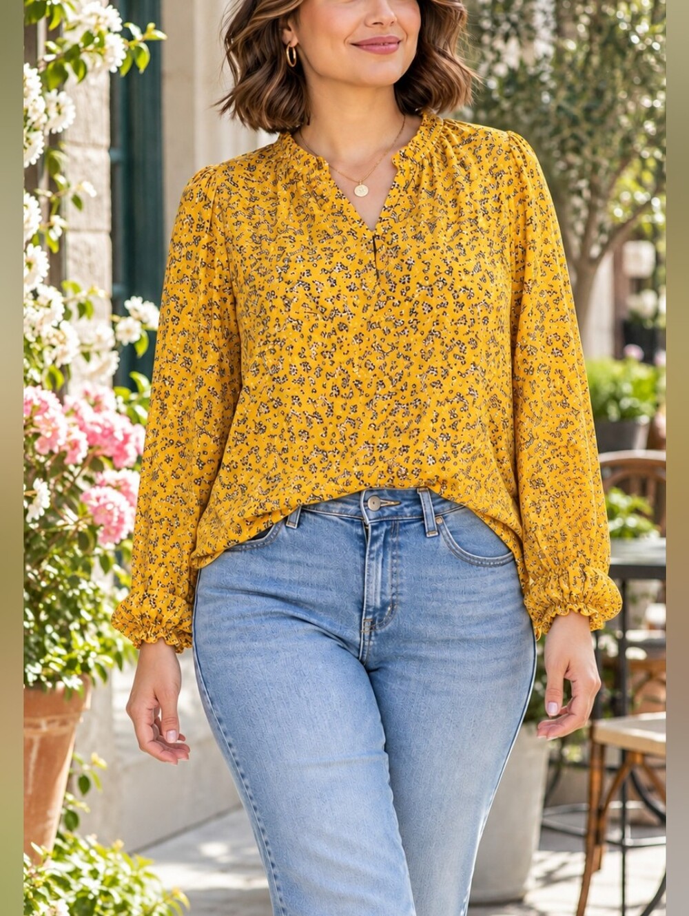 Karl Lagerfeld Paris  Floral Ruffle Neck Blouse Size L